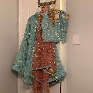 Aqua Teal Lengha with pink dupatta